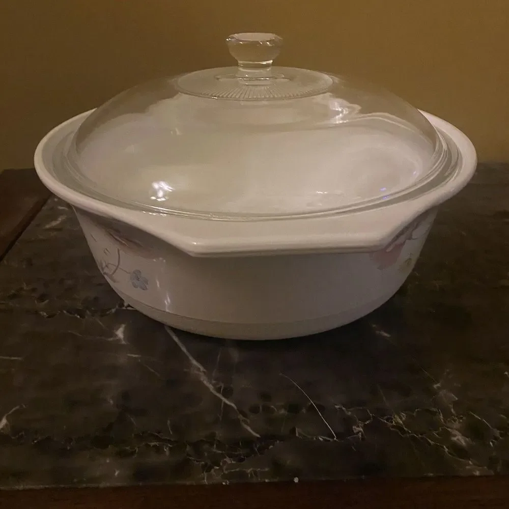 Home Beautiful Fire & Ice Casserole Dish/ Lid  AA015 Serena White Floral Vintage